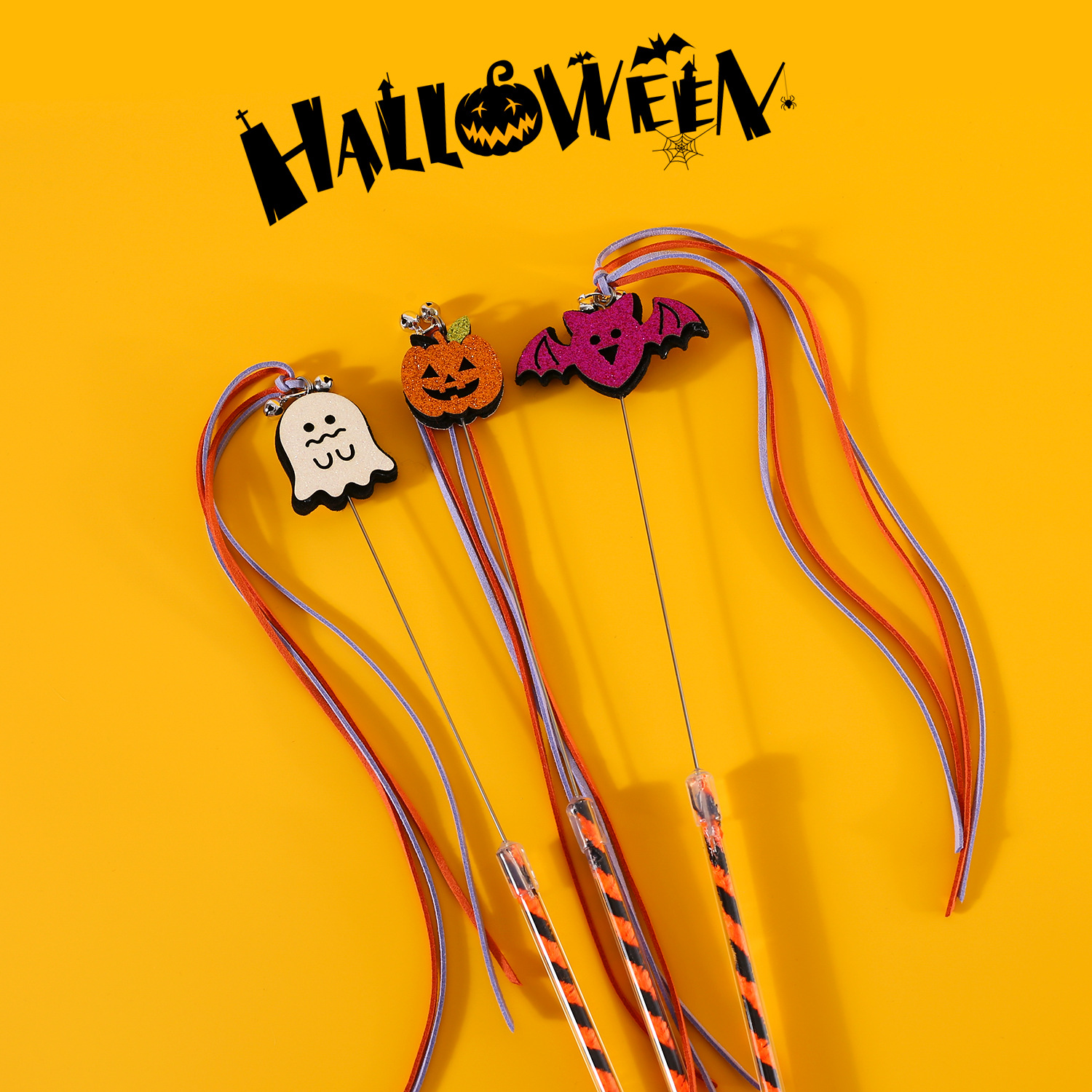 Gato de Halloween divertido gato palo fantasma murciélago calabaza borla campana de sonido interactivo entrenamiento de juguete para mascotas polo