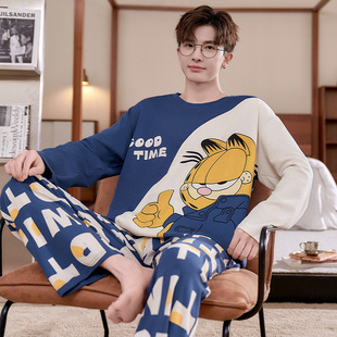Pure Cotton Pajamas Men's Spring and Autumn Long-sleeved Trousers Cotton Cartoon Teenager plus size Plus Fertilizer Plus suit for Home Clothes