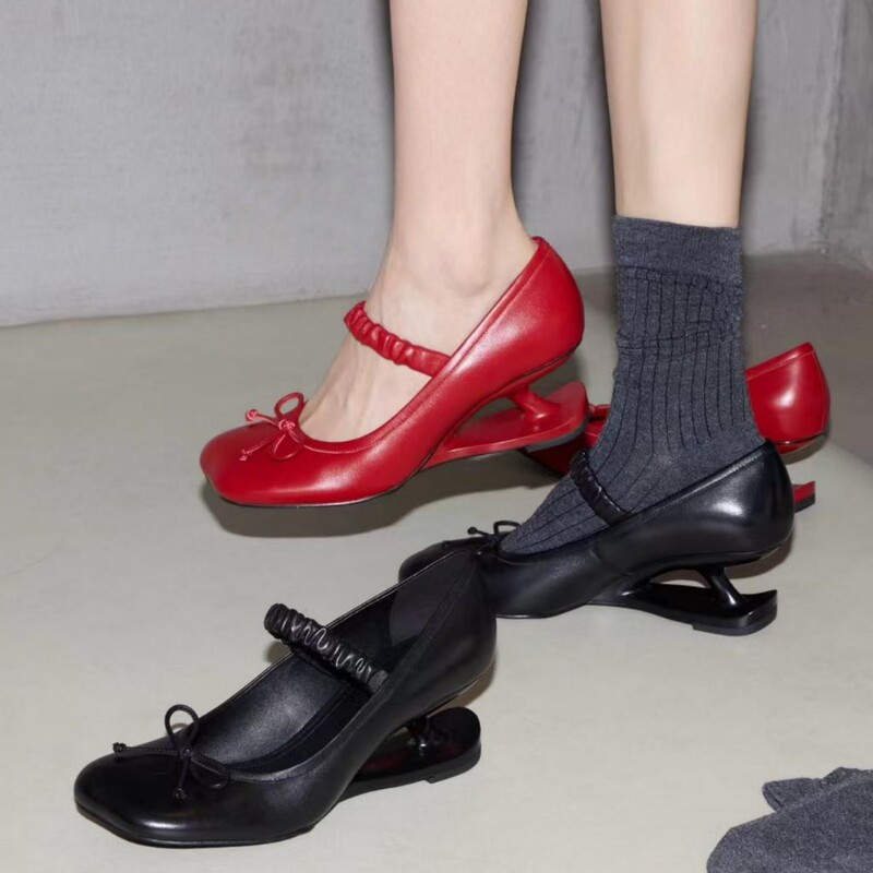 Spring Collection (in Stock) French Retro Style High-Heeled Shoes with Fairy-Like Floating Irregular Heels and Bowknot Mary Jane Shoes