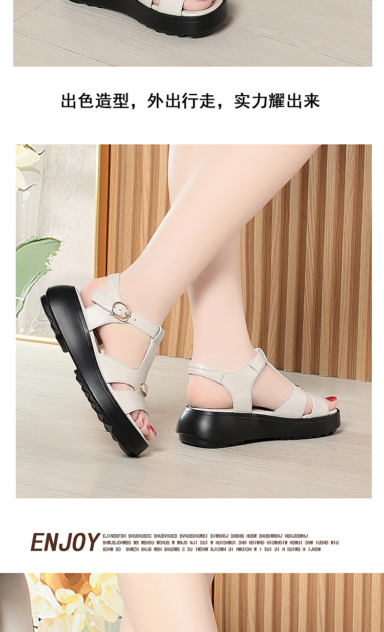 Sandal nữ đế dày quai chữ V da thật mềm đi biển mùa hè — Màu đen chi tiết 8