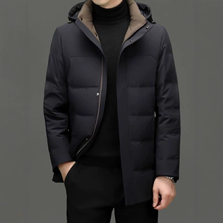 男装羽绒服男士中长款连帽加厚保暖可拆卸帽爸爸装冬季外套立领