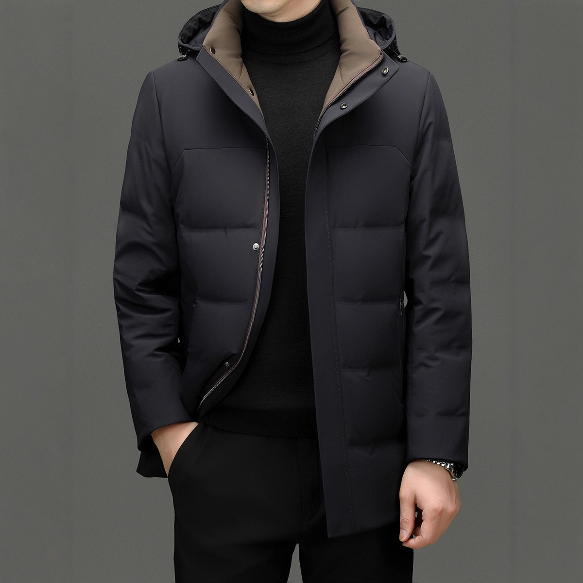 High-End Men's down Jacket, Mid-Length, Hooded, Thickened, Warm, Detachable Hood, Dad-Style Winter Coat