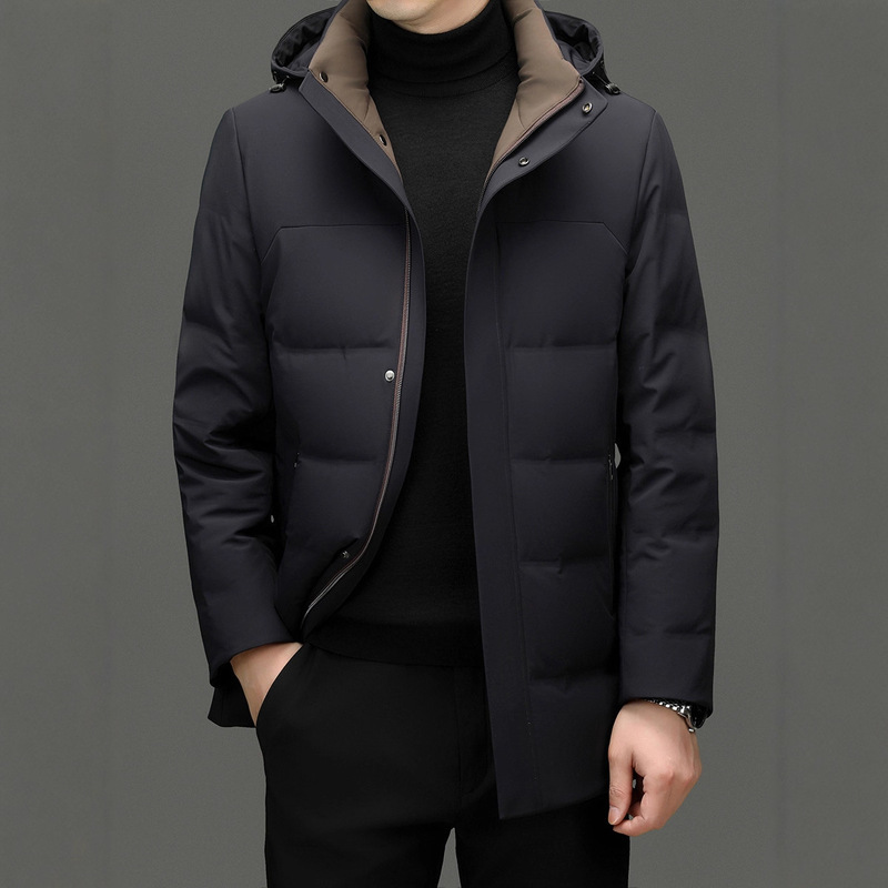 High-End Men's down Jacket, Mid-Length, Hooded, Thickened, Warm, Detachable Hood, Dad-Style Winter Coat