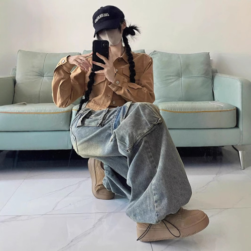 Fat MM large size women's retro denim jeans with multi-pocket design, unique style, American wide-leg loose work pants