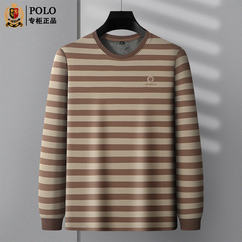 保罗正品男士圆领长袖T恤衫品牌秋冬新款宽松大码条纹加绒男式T恤