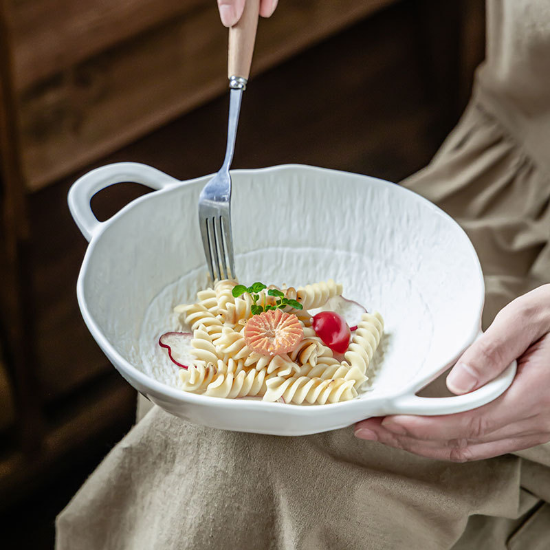 alto valor de color blanco estampado de piedra doble oreja simple hogar de color sólido gran tazón cubiertos tazón al por mayor práctico tazón portátil