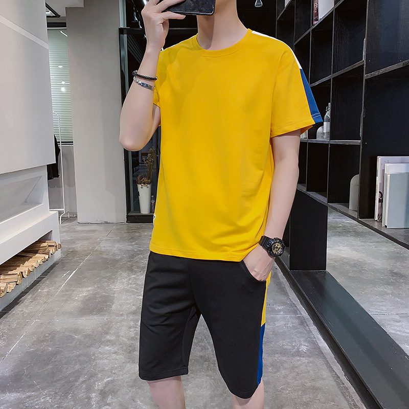 Traje de verano de dos piezas de los hombres ropa deportiva casual micro elástico ropa de correr de color cuello redondo manga corta Camiseta + Pantalones recortados color sólido