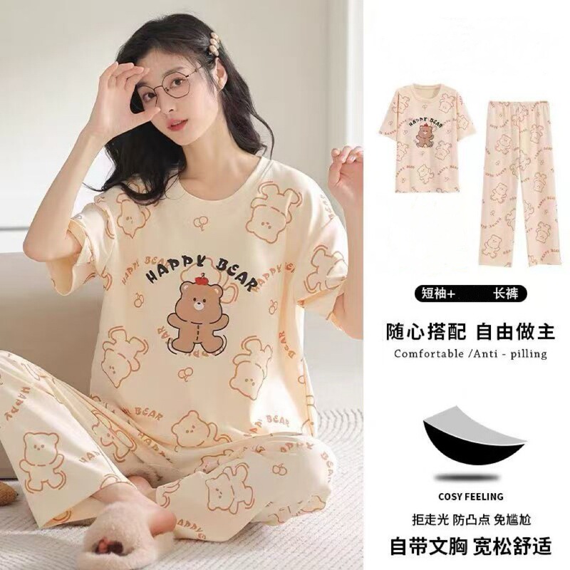 Cross-Border Hot-Selling Cartoon Pajamas with Chest Pads, Short Sleeves, Long Pants, Plus-Size Women's Summer Loungewear Set, Bulk Discount