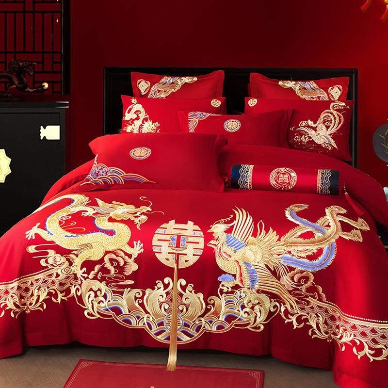 Cuatro piezas de boda china dragón-fénix bordado sábanas de boda rojas casa de boda colcha de cama image 32