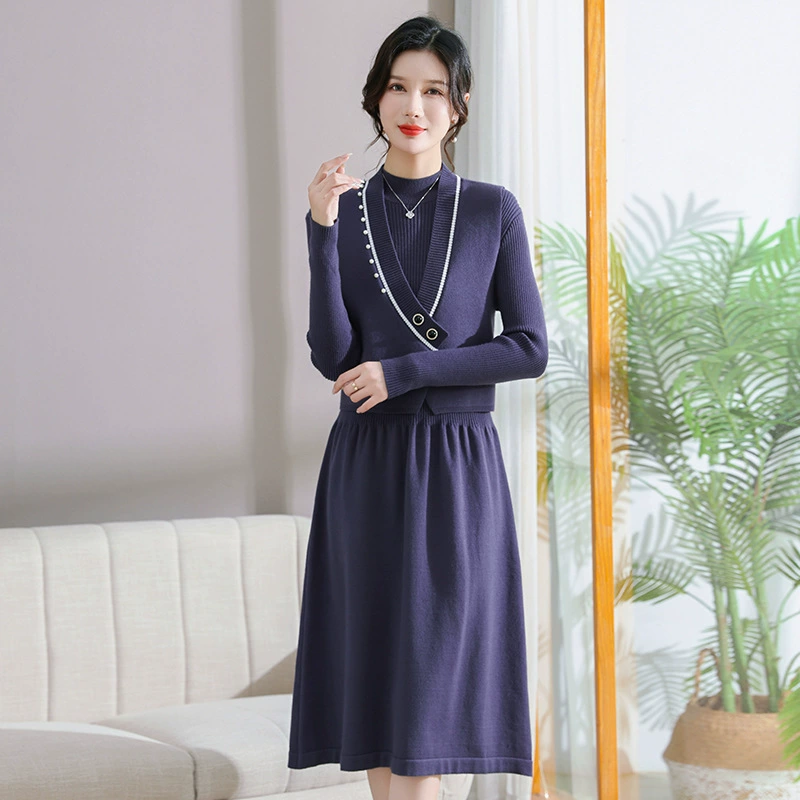 Западный стиль для мам осень и зима Новое трикотажное платье внутри длинное платье жилет из двух предметов женский модный костюм средней длины