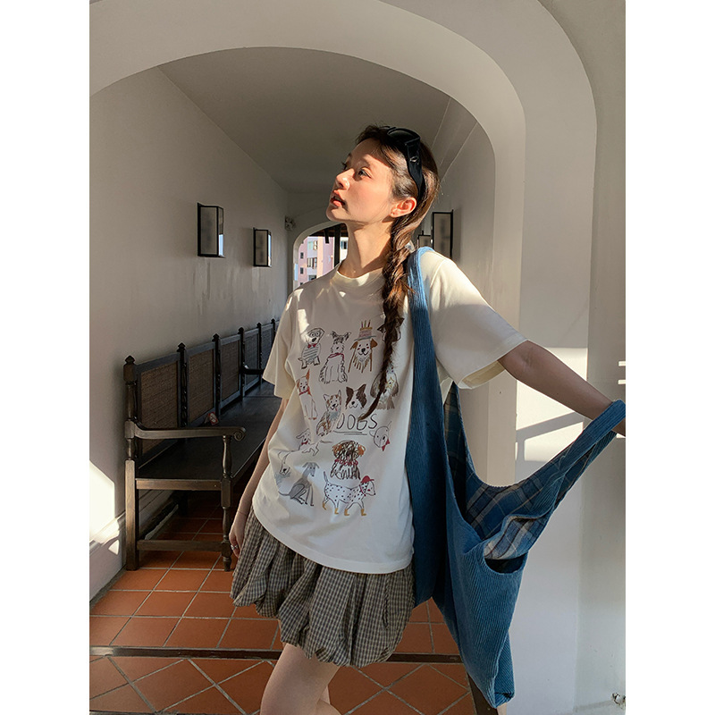 Interpretation of Beauty Newopen 2025 Early Spring Cartoon Print Loose Korean Style Round Neck Girls Short-Sleeved T-Shirt C3173