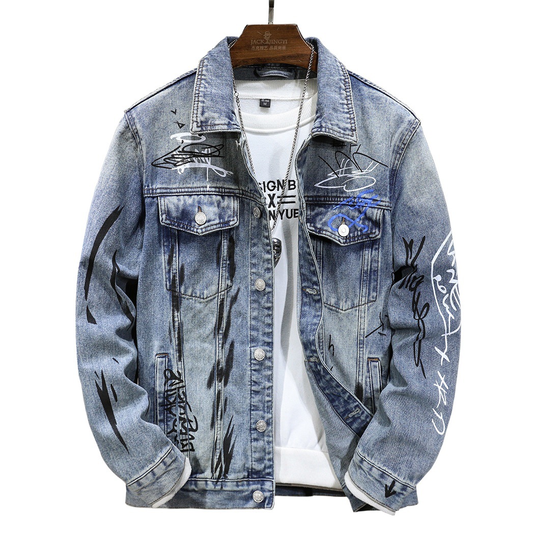 国境を越えた新型の男性ジャケット春秋高級欧米潮牌落書きプリント合体カウボーイコート男