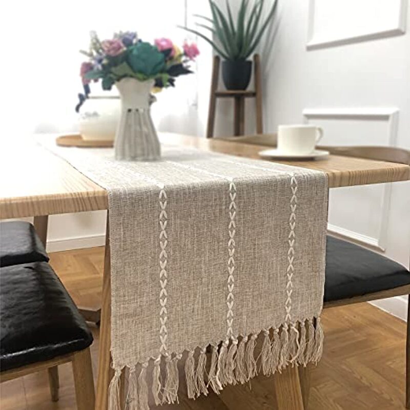 Amazon Vintage Table Runner with Tassel Wedding Family Dining Table Cloth Decorative Cloth Handmade Woven Farmhouse Cotton and Linen Table Mat