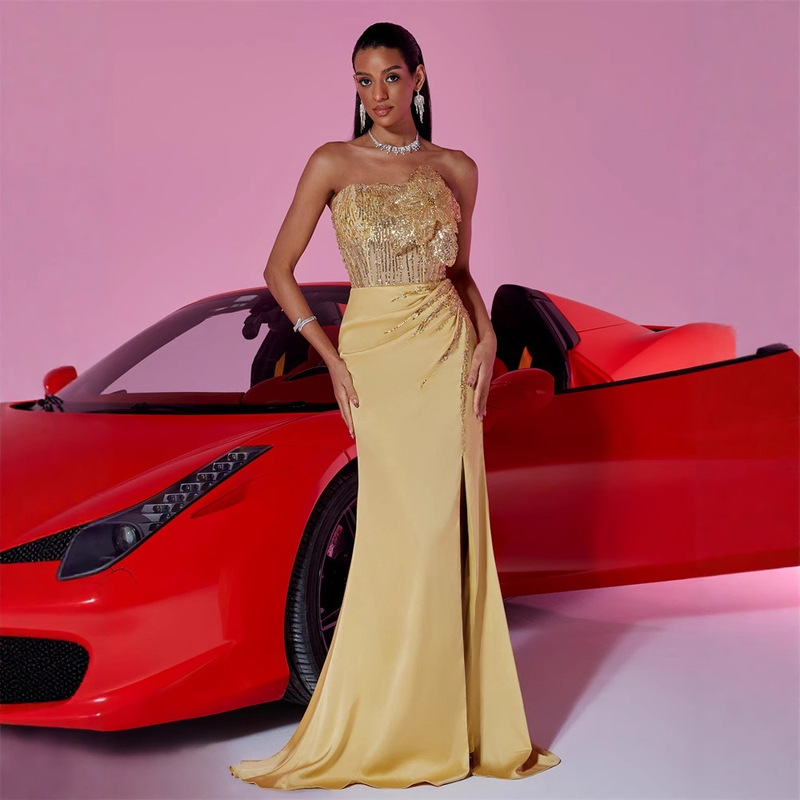 Cross-border European and American Elegant Beaded Flower Stitching Formal Evening Dress Cocktail Host Bridesmaid Dress Cross-border European and American Elegant Beaded Flower Stitching Formal Evening Dress Cocktail Host Bridesmaid Dress