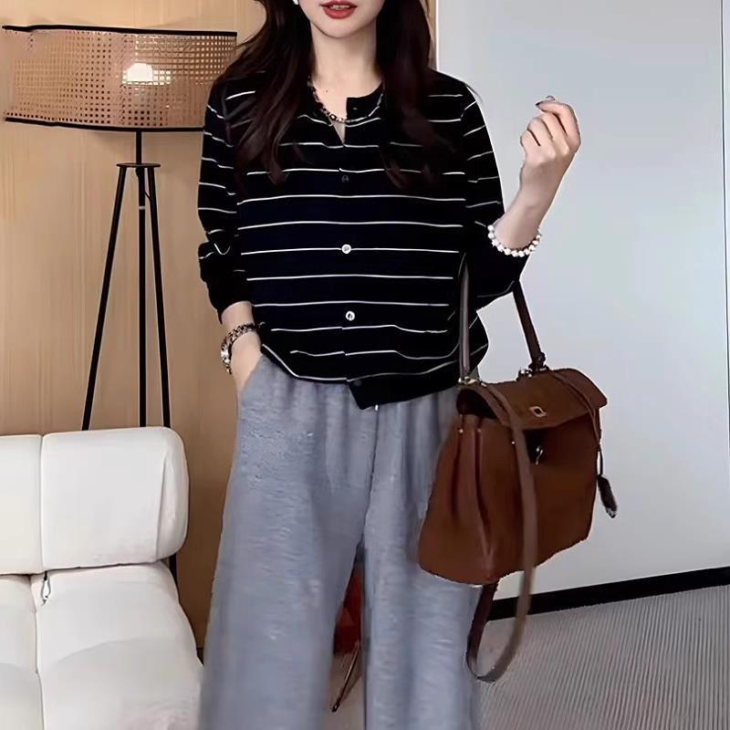 大码宽松慵懒风条纹毛针织衫女2025秋季新款洋气百搭正肩显瘦上衣|undefined
