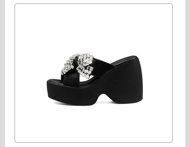 Sandal cao gót nữ đính đá hở mũi quai chéo nơ bướm đế dày — màu đen chi tiết 19