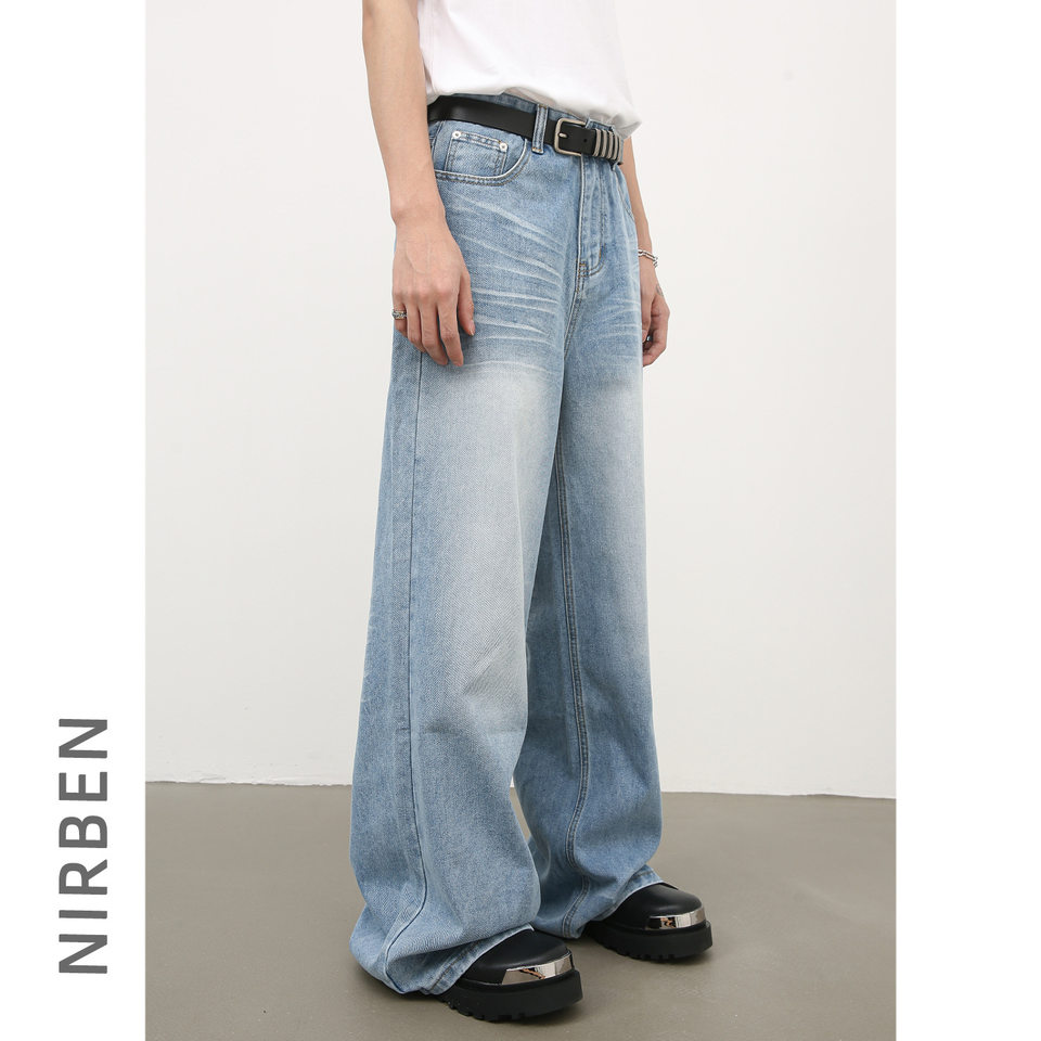 Quần jean nam ống đứng dáng suông rộng, vải denim giặt nước hiệu ứng nếp gấp, phong cách đường phố — Màu xanh lam
