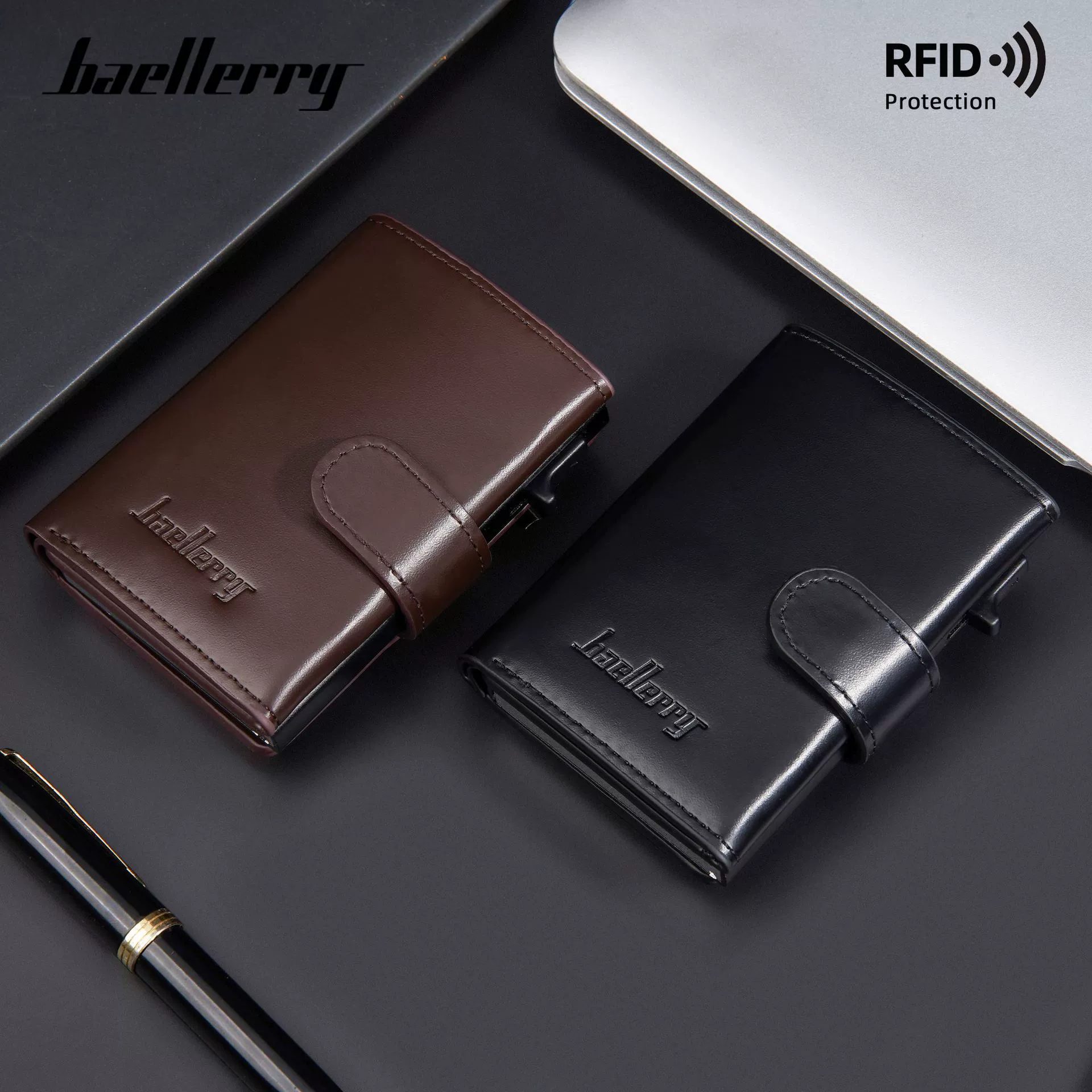 Новая мужская сумка для карт Baellerry CrossBorder с функцией RFID, противоугонным устройством, кнопкой-кисточкой, алюминиевой коробкой, зажимом для кредитных карт