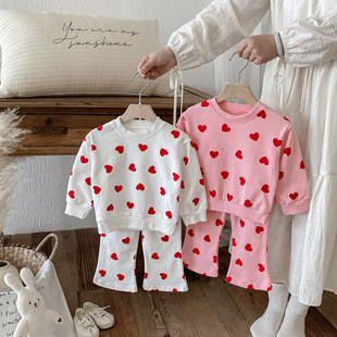 Girls Suit Korean Style Small and Medium-Sized Kidsren 2025 Autum New Heart Print Baby Girl Princess Kidsren's Two-Piece Set