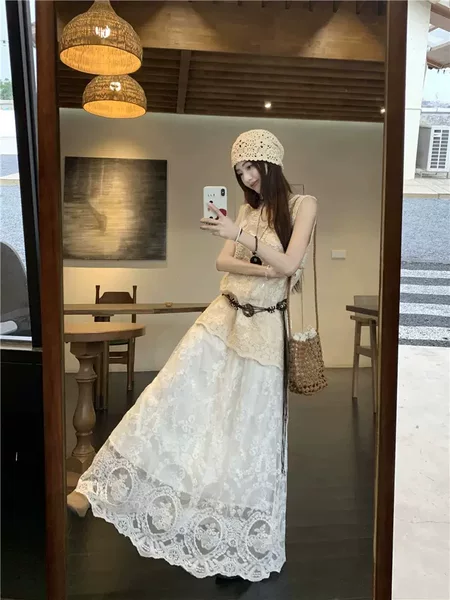 High-grade Heavy Industry Hollow Crochet Lace Half-length Dress 2025 Summer and Autumn New Fashion Elegant Solid Color Long Dress