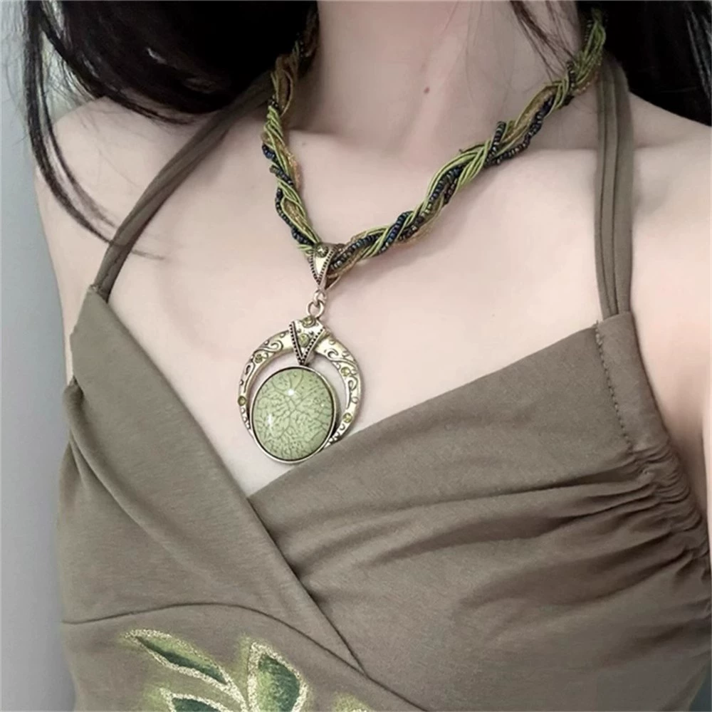 Европейское и американское новое модное ретро-богемное ожерелье в этническом стиле, круглая полая цепочка для свитера, зеленое плетеное ожерелье