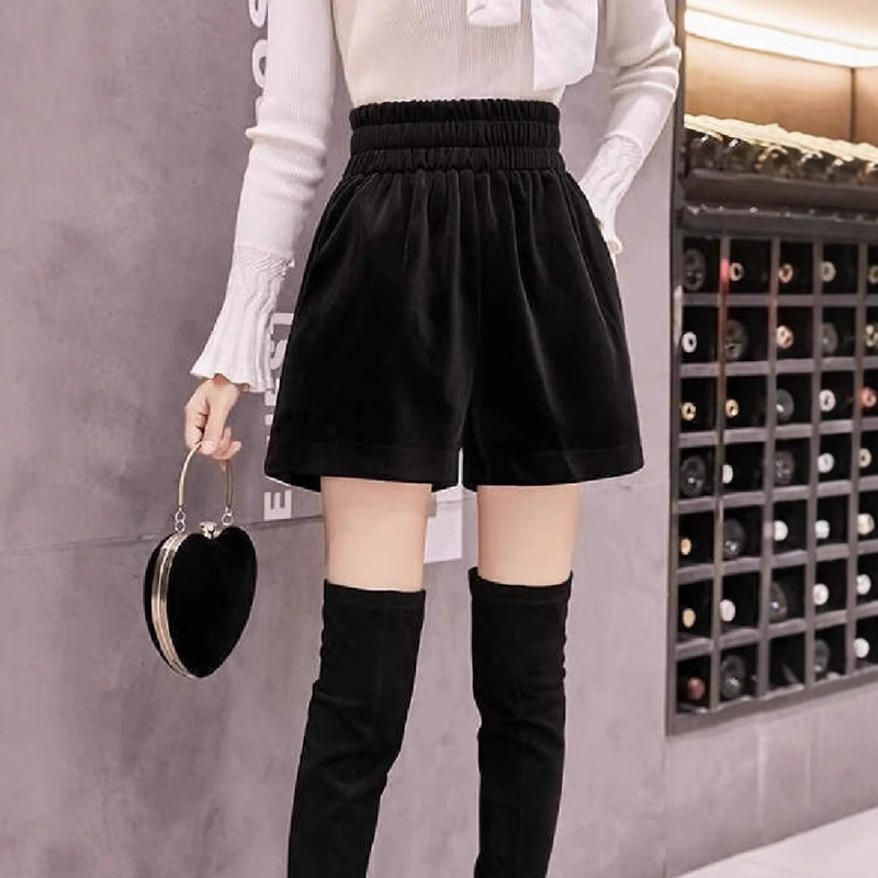 Velvet Shorts for Women, Spring and Autumn Versatile Straight-Leg Plus-Size Loose High-Waisted Slimming A-Line Elastic Casual Wide-Leg Boot Shorts