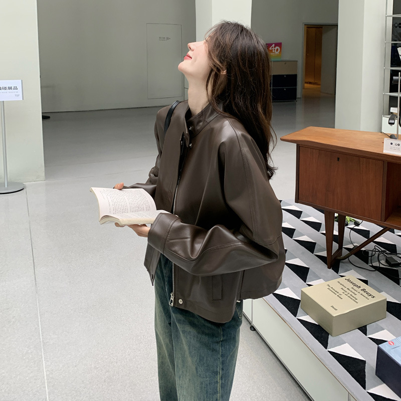 Cross-Border Maillard Coffee-Colored Small Leather Jacket for Women, Spring and Autumn New Trendy Petite Biker Jacket