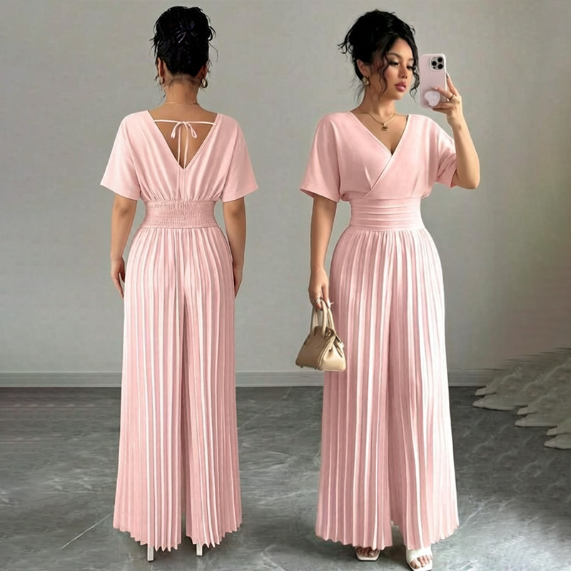 2026 nuevo estilo de viaje europeo y americano elegante color sólido cuello en V manga corta cintura doblada plantares pantalonés de pierna ropa de mujer