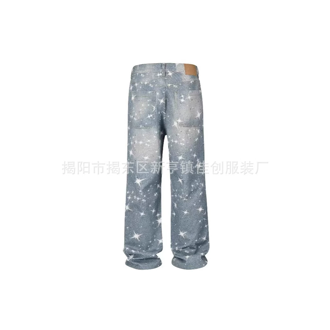Персонализированные джинсы с узором из страз, американский стиль, потертые, модный тренд, свободные повседневные прямые широкие брюки для мужчин