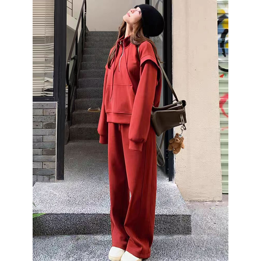ng2510292 Pure Cotton Red Salt Sweet Style Age-Reducing Slimming Sweatshirt Sports For Women Spring And Autumn Casual Long Pants_ecoleips.com