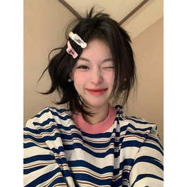 美式甜酷撞色条纹圆领T恤女秋季2025新款宽松慵懒运动风长袖上衣