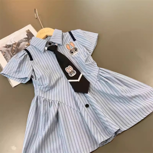 Striped College Style Dress for Girls 2024 Summer New Arrival Children's Baby Personality Cartoon Rabbit Embroidered Skirt