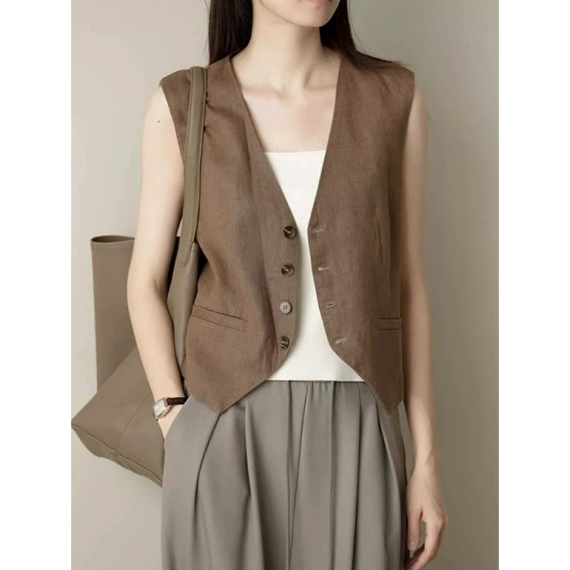 Однотонный жилет в британском стиле ретро, ​​летний многослойный жилет без рукавов, однобортный топ с воротником