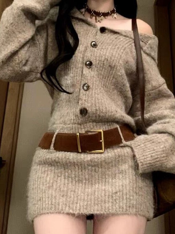 法式纯欲风一字肩针织毛衣连衣裙女秋冬2025年新款设计感包臀短裙|undefined