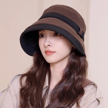 渔夫帽子女秋冬季新款双色拼接百搭盆帽赫本风气质卷边显脸小礼帽
