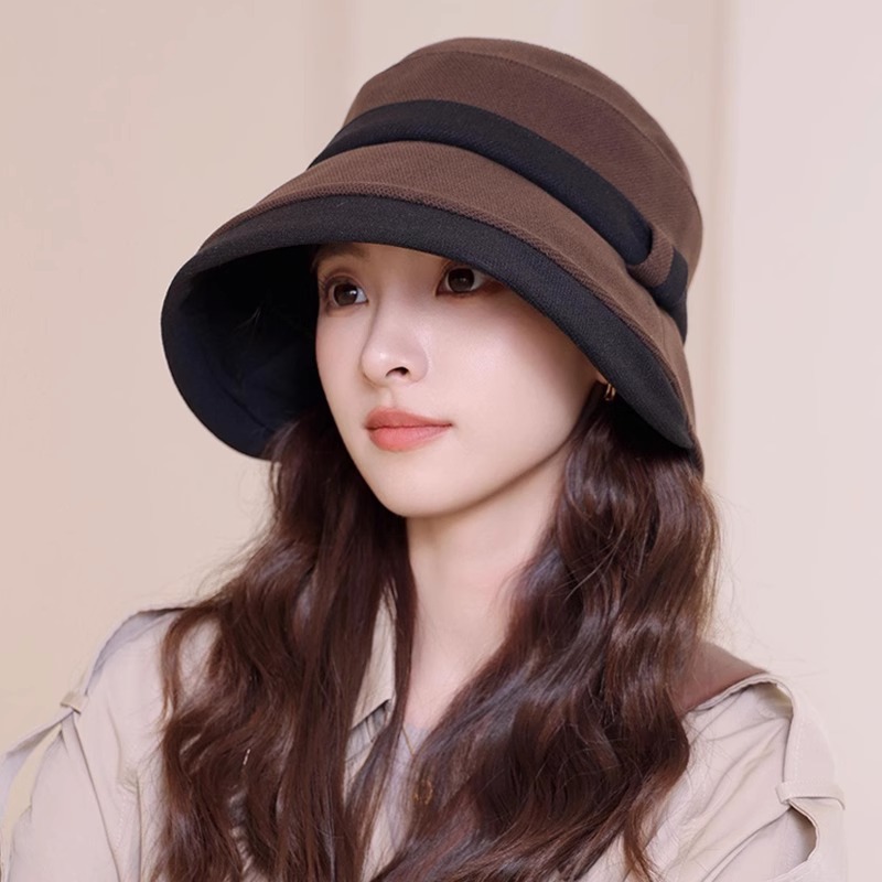 渔夫帽子女秋冬季新款双色拼接百搭盆帽赫本风气质卷边显脸小礼帽