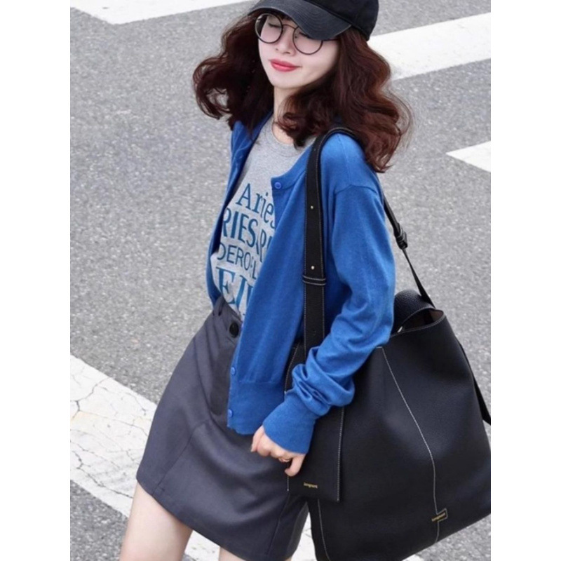 Klein Blue Short Round Neck Knitted Cardigan for Women in Spring, Petite, Lazy, Soft and Waxy Sweater Outer Top