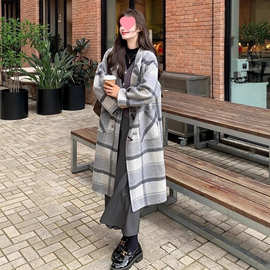 牛角扣双面毛呢大衣中长款新款冬季新款韩版连帽格子毛呢外套