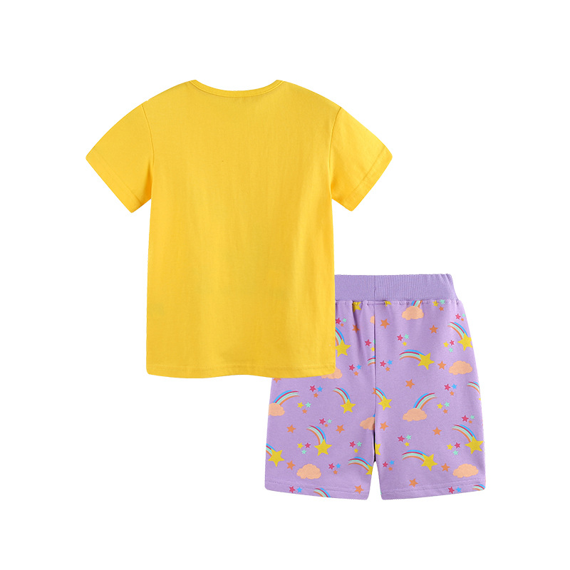 Verano nuevo traje para niños estilo europeo y americano moda niña traje de manga corta de algodón de punto traje de pantalones para niños cabello de una pieza
