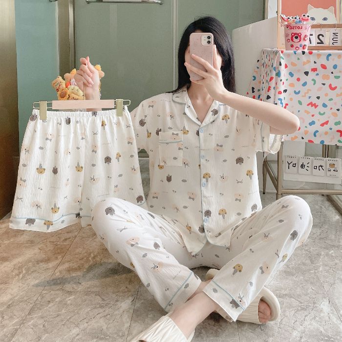 Venta al por mayor transfronteriza 120g pijamas de algodón de nube de verano de manga corta para mujer pantalones cortos de algodón de nube de verano de tres piezas servicio a domicilio de dibujos animados