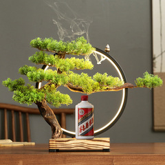 Chinese Zen-style welcome pine sculpture home decor reverse-flow incense burner living room light ring circle baijiu display rack club decoration