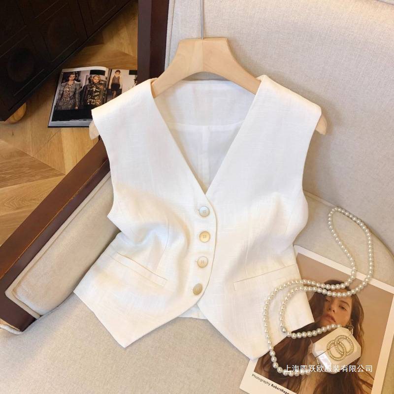 Old Money Style Linen Vest Women's Wide-Leg Pants Suit Relaxed Short Summer Thin Vest Jacket White