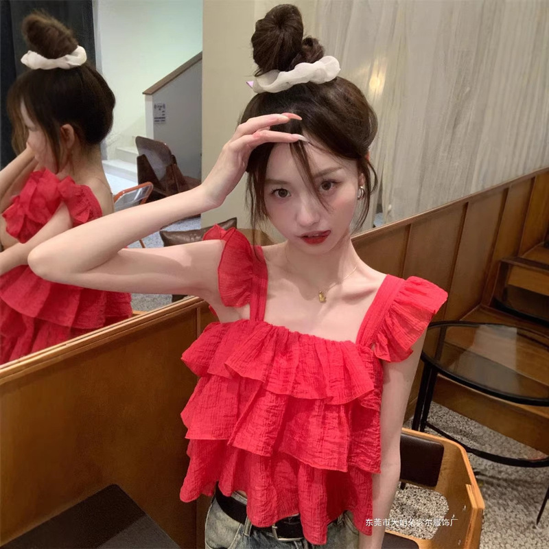 Summer Wear Sweet Spice Girl Design Sense Small Fly Sleeve Sleeveless Short Top French Sweet Ruffled Camisole