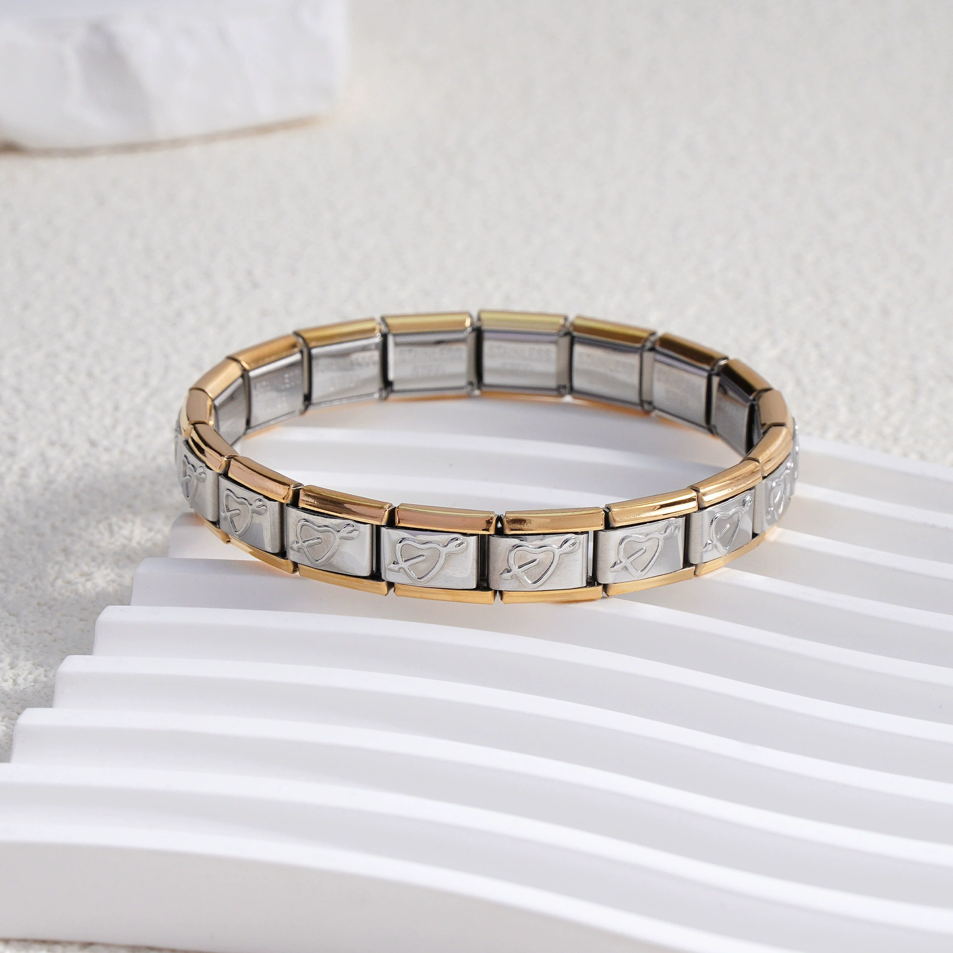 stainless steel bracelet, removable elastic link watch strap, italian european style, assorted charms