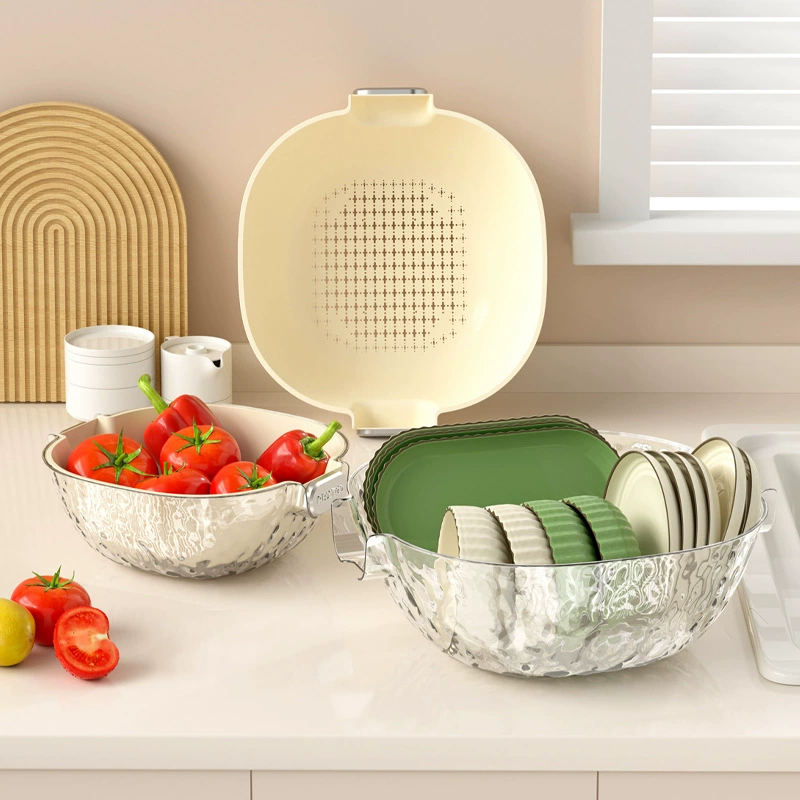 Double -layer draining basket house kitchen washing basin plastic dish basket washed rice basket fruit basin Ins light luxury vegetable basket