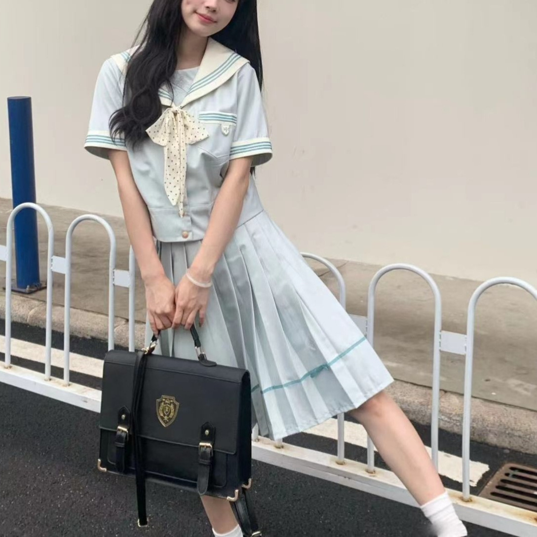 작은 신선한 JK 유니폼 치마 세트 민트 화이트 QIAO 항해 세트 여름 짧은 소매 최고 주름 치마 풀 세트