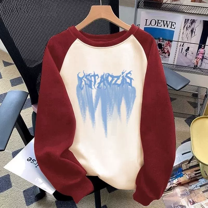 青少年纯棉长袖恤男秋冬撞色拼接圆领打底衫宽松插肩设计感上衣