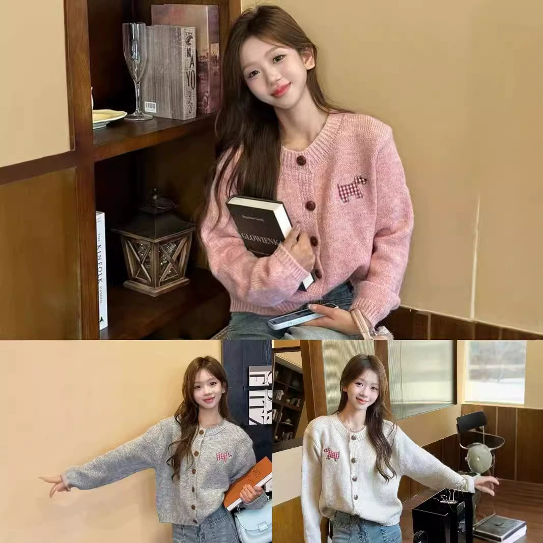 Щенок наклейка конфеты цвет сладкий корейский милый кардиган свитер 2024 весна осень новая куртка многоцветная девушка