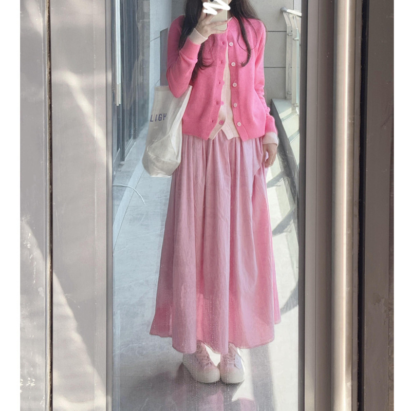 韓国風の女性用優しいスーツ、ピンクのフェイクツーピースセーター、ootdの新しい年齢を軽減するスカートの完全なセット|undefined