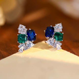 小众设计培育祖母绿镶嵌皇家蓝蓝宝石S925银镀18k金锆石耳钉女士